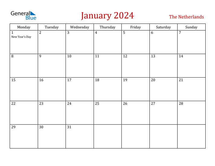 The Netherlands January 2024 Calendar - Monday Start