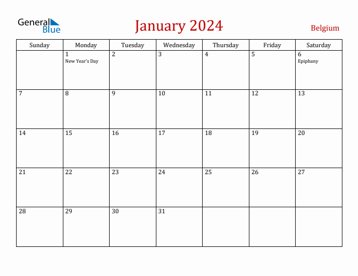 Belgium January 2024 Calendar - Sunday Start