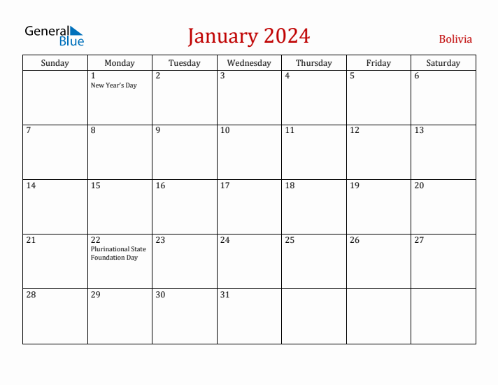 Bolivia January 2024 Calendar - Sunday Start