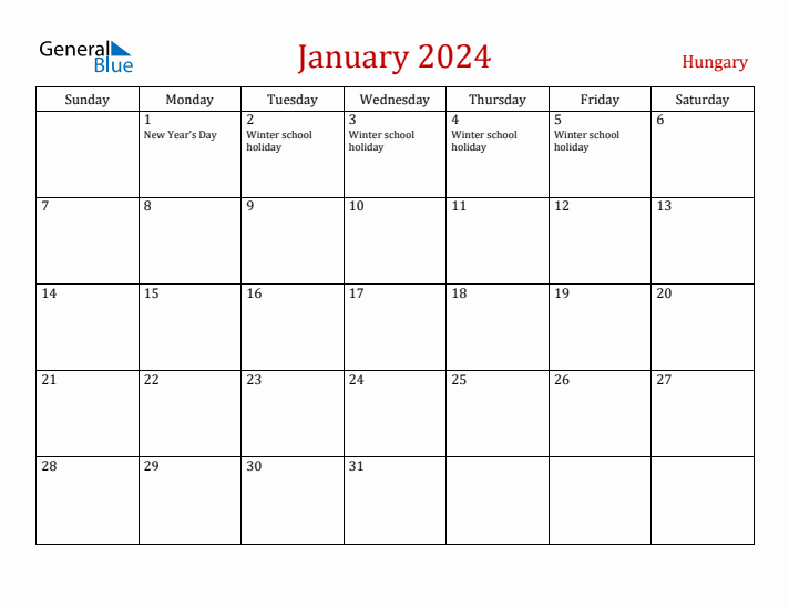 Hungary January 2024 Calendar - Sunday Start