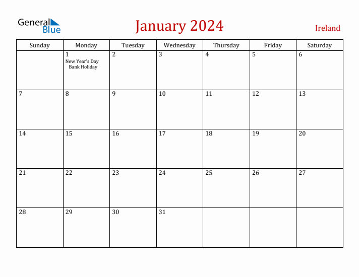 Ireland January 2024 Calendar - Sunday Start