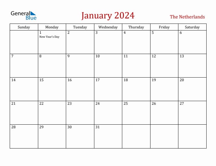 The Netherlands January 2024 Calendar - Sunday Start