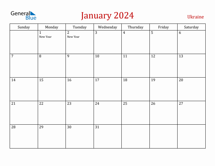 Ukraine January 2024 Calendar - Sunday Start