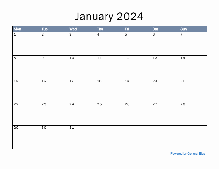 January 2024 Simple Month Calendar Template