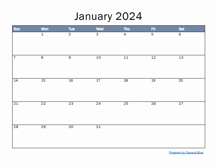 January 2024 Simple Month Calendar Template