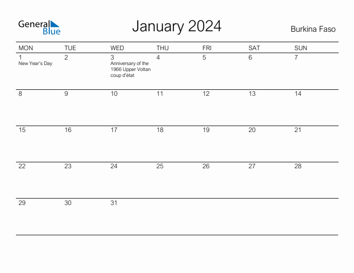 Printable January 2024 Calendar for Burkina Faso