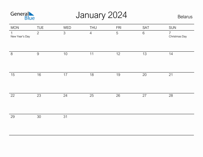 Printable January 2024 Calendar for Belarus