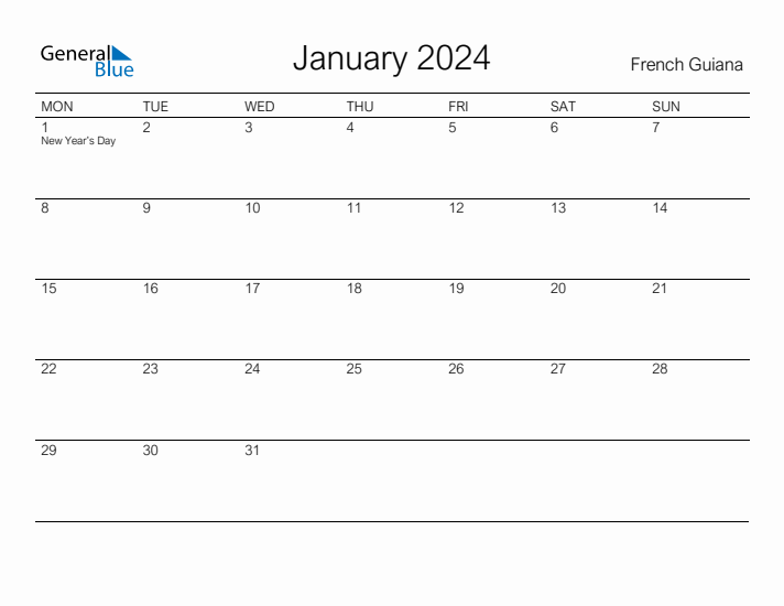 Printable January 2024 Calendar for French Guiana