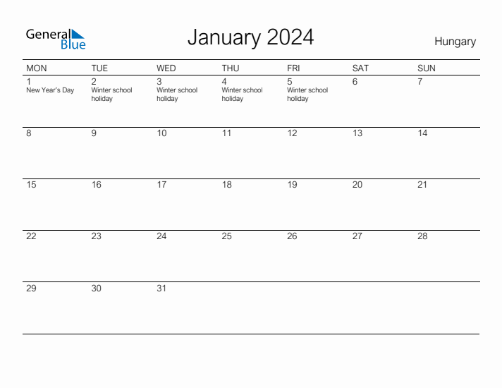 Printable January 2024 Calendar for Hungary