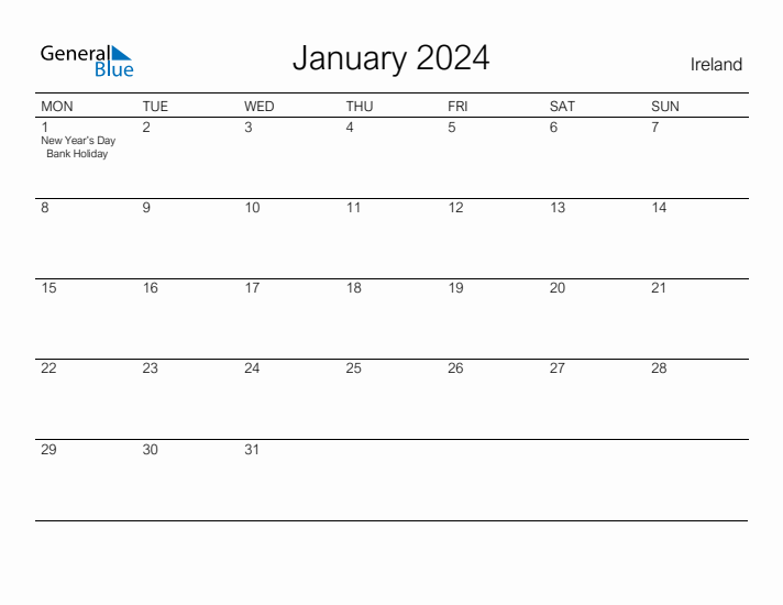 Printable January 2024 Calendar for Ireland