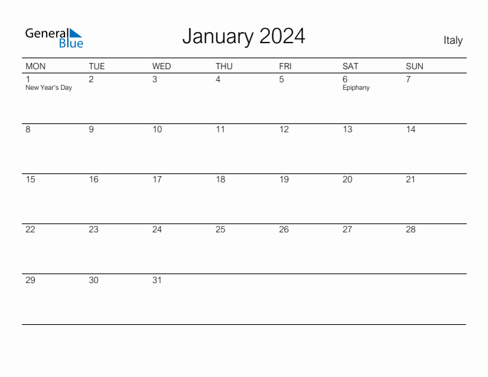 Printable January 2024 Calendar for Italy