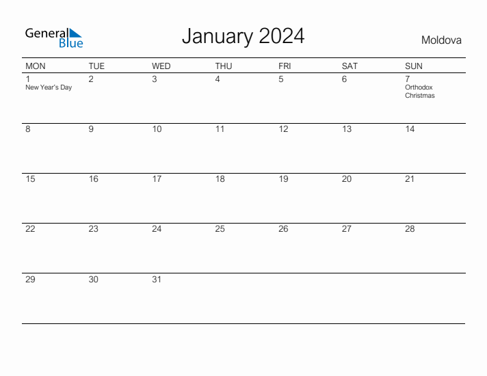 Printable January 2024 Calendar for Moldova