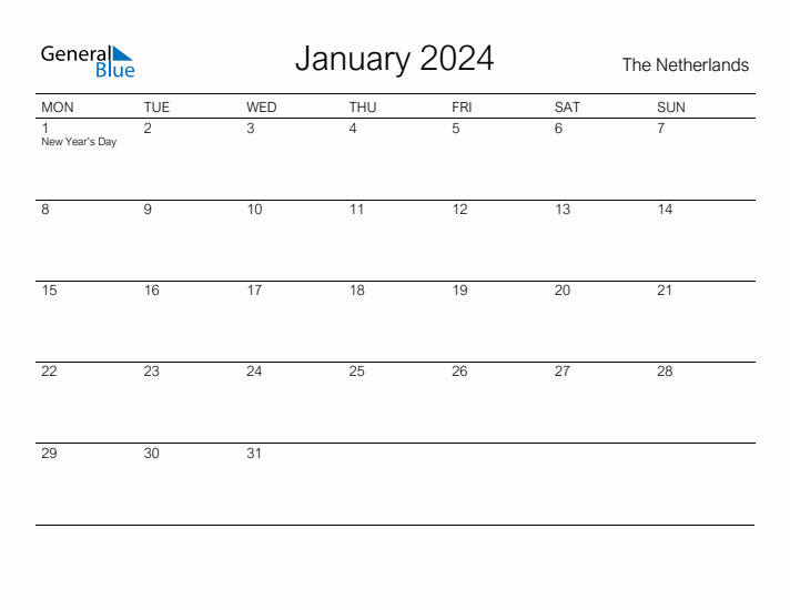 Printable January 2024 Calendar for The Netherlands