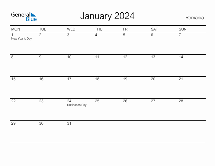 Printable January 2024 Calendar for Romania