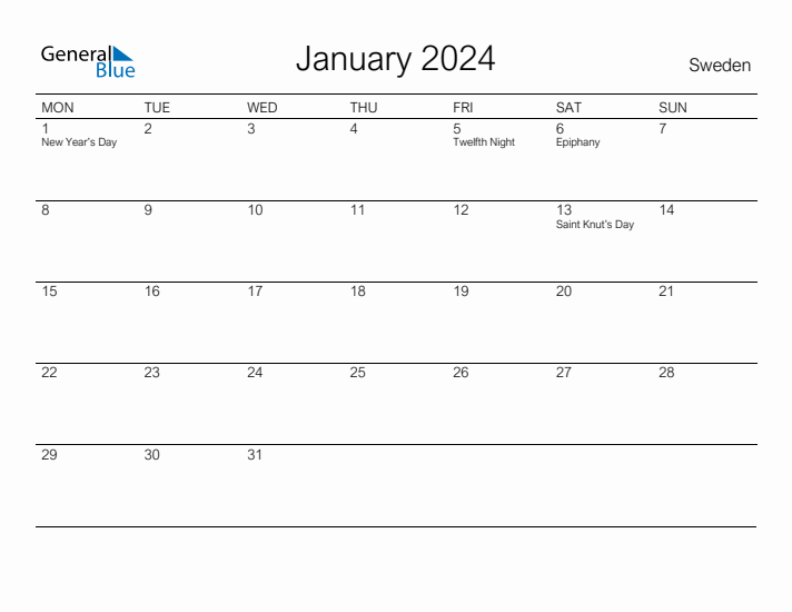 Printable January 2024 Calendar for Sweden