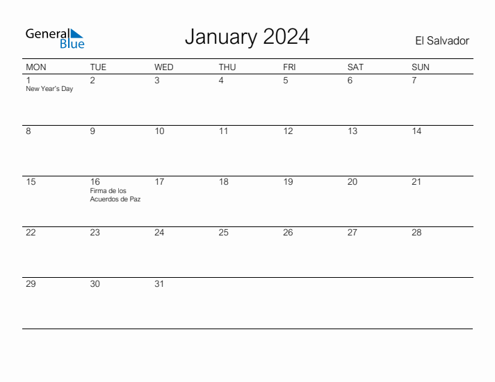 Printable January 2024 Calendar for El Salvador