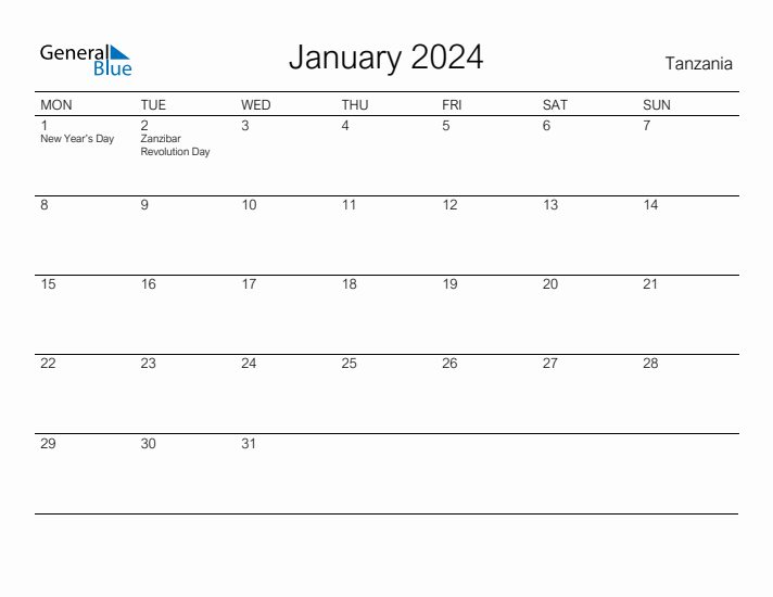 Printable January 2024 Calendar for Tanzania