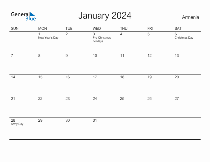 Printable January 2024 Calendar for Armenia