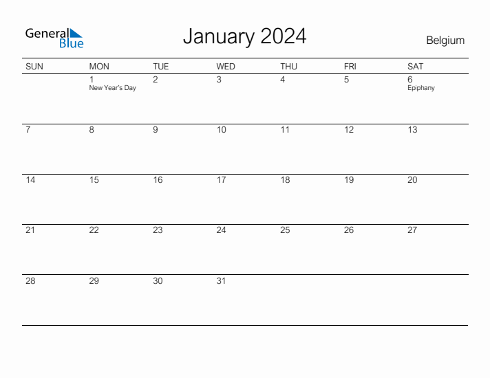 Printable January 2024 Calendar for Belgium