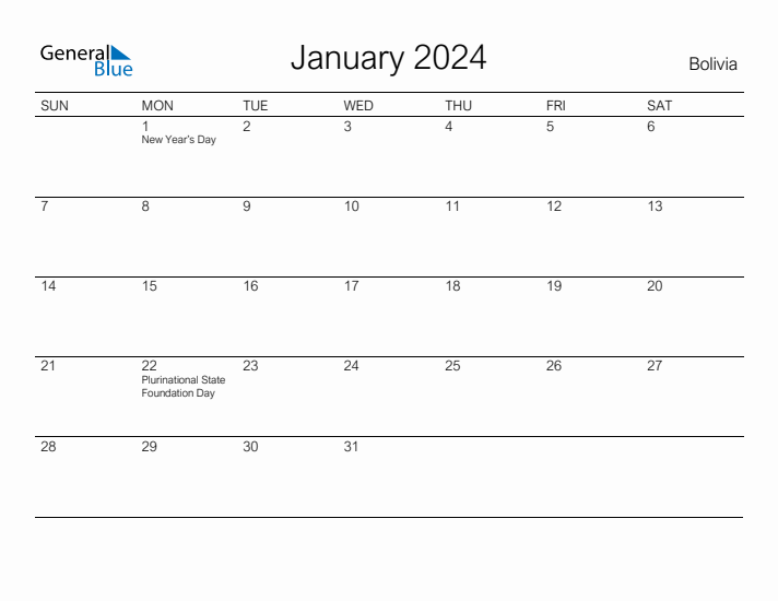 Printable January 2024 Calendar for Bolivia