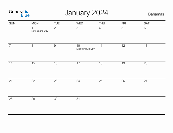 Printable January 2024 Calendar for Bahamas