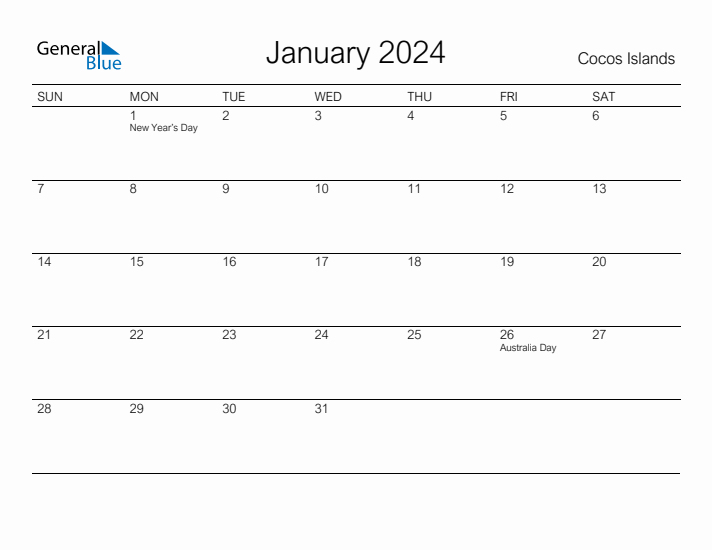 Printable January 2024 Calendar for Cocos Islands