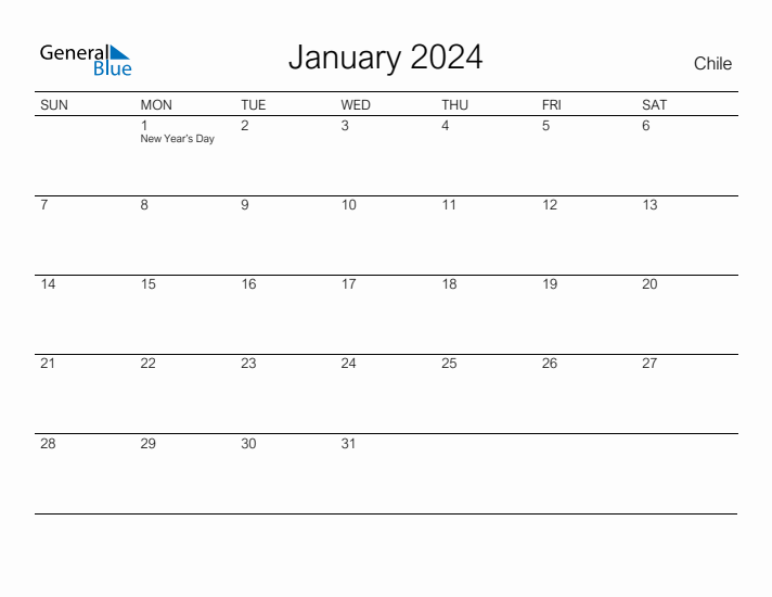 Printable January 2024 Calendar for Chile