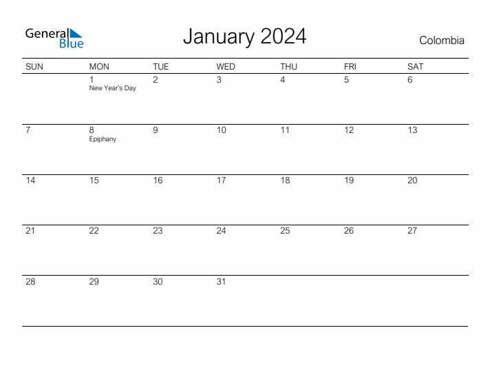 Printable January 2024 Calendar for Colombia