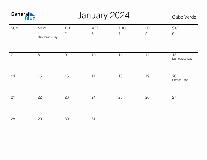 Printable January 2024 Calendar for Cabo Verde