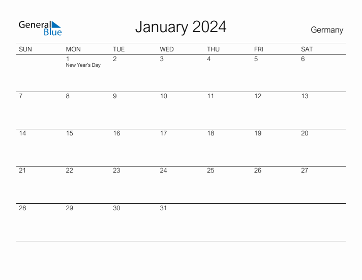 Printable January 2024 Calendar for Germany