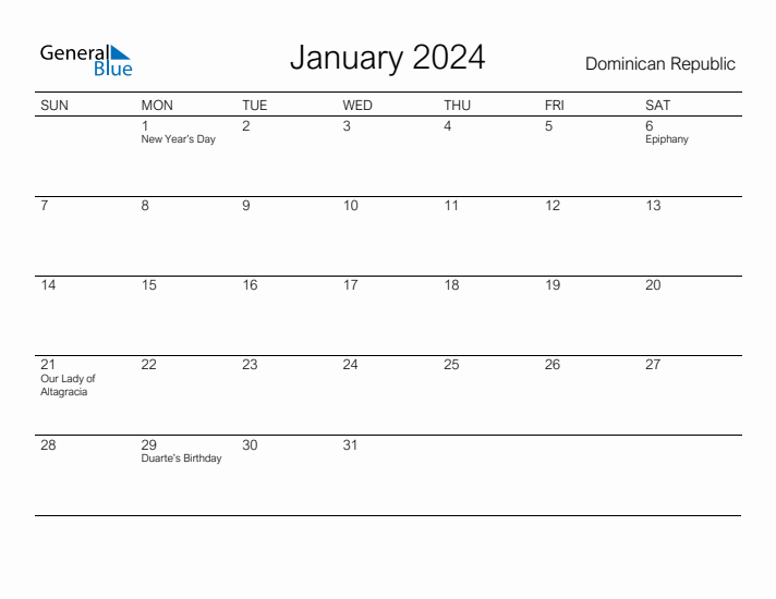 Printable January 2024 Calendar for Dominican Republic