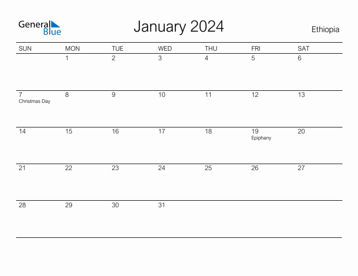 Printable January 2024 Calendar for Ethiopia