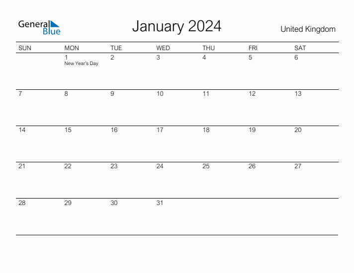 Printable January 2024 Calendar for United Kingdom