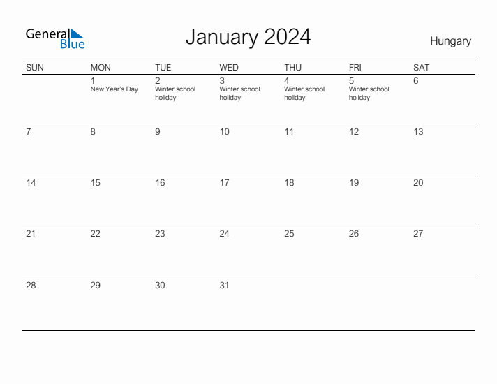 Printable January 2024 Calendar for Hungary