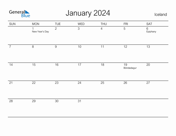 Printable January 2024 Calendar for Iceland