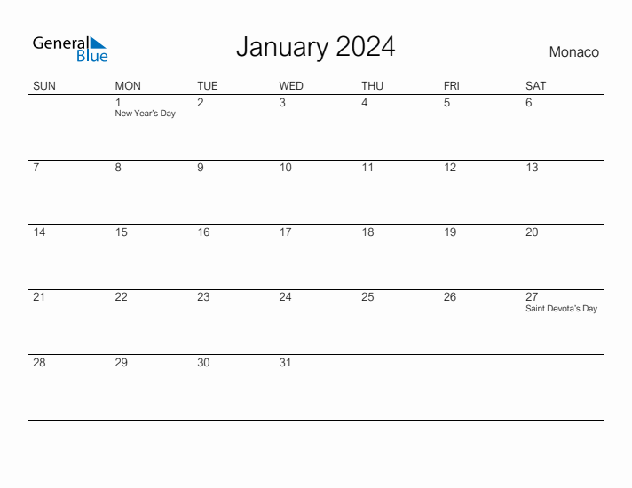 Printable January 2024 Calendar for Monaco