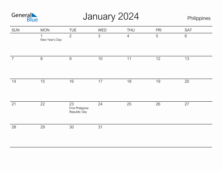 Printable January 2024 Calendar for Philippines