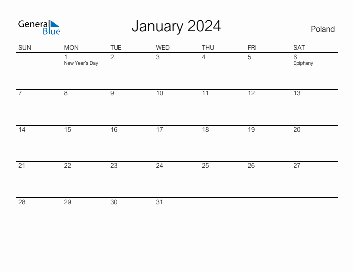 Printable January 2024 Calendar for Poland