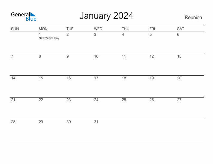 Printable January 2024 Calendar for Reunion