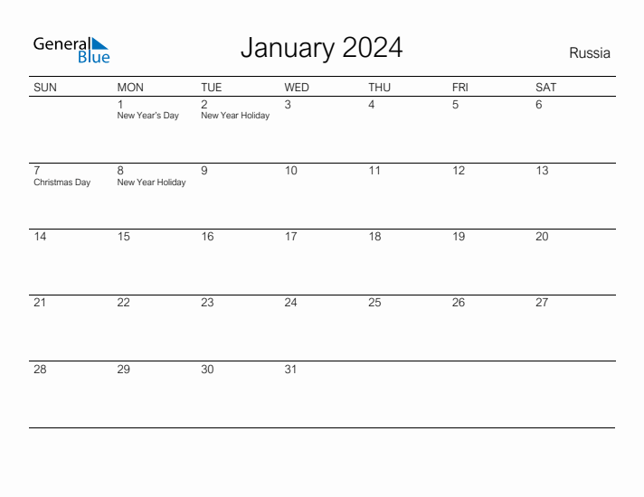 Printable January 2024 Calendar for Russia