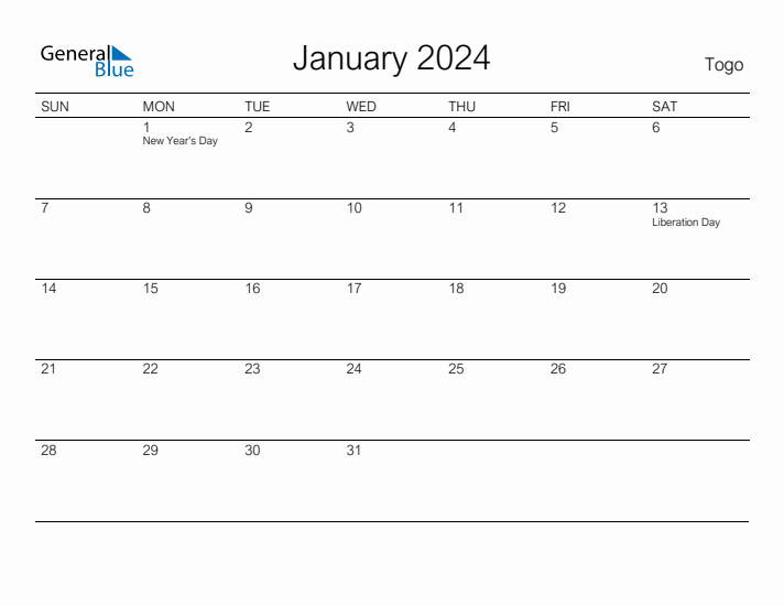 Printable January 2024 Calendar for Togo