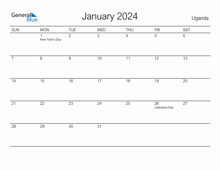 Printable January 2024 Calendar for Uganda