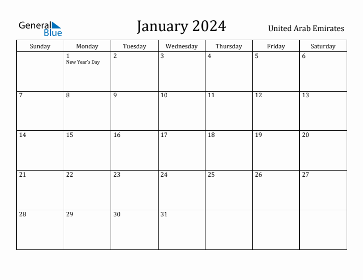 January 2024 Calendar United Arab Emirates