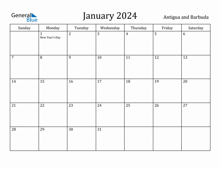 January 2024 Calendar Antigua and Barbuda