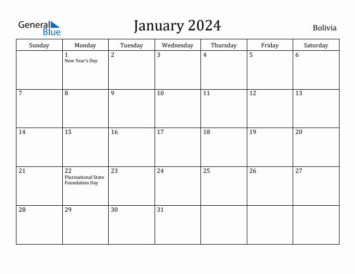 January 2024 Calendar Bolivia