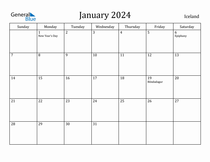 January 2024 Calendar Iceland