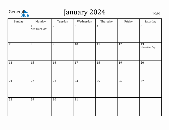 January 2024 Calendar Togo