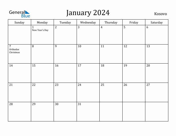 January 2024 Calendar Kosovo