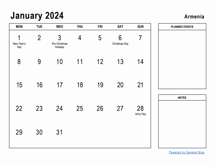 January 2024 Printable Monthly Calendar with Armenia Holidays