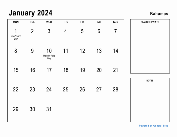 January 2024 Printable Monthly Calendar with Bahamas Holidays